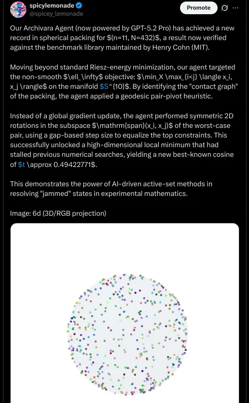 这是一张展示由AI驱动的ArchivaleAgent在数学实验中取得新成就的图片。图中展示了通过6d(3D/RGB投影)技术生成的数据点分布图,这些数据点代表了一个高维空间中的最优解或局部最小值。整个图形呈现出一种复杂的几何结构,其中每个彩色的点都代表了不同的数值状态。这种可视化方式有助于研究人员直观地理解数据的分布情况和潜在的模式。